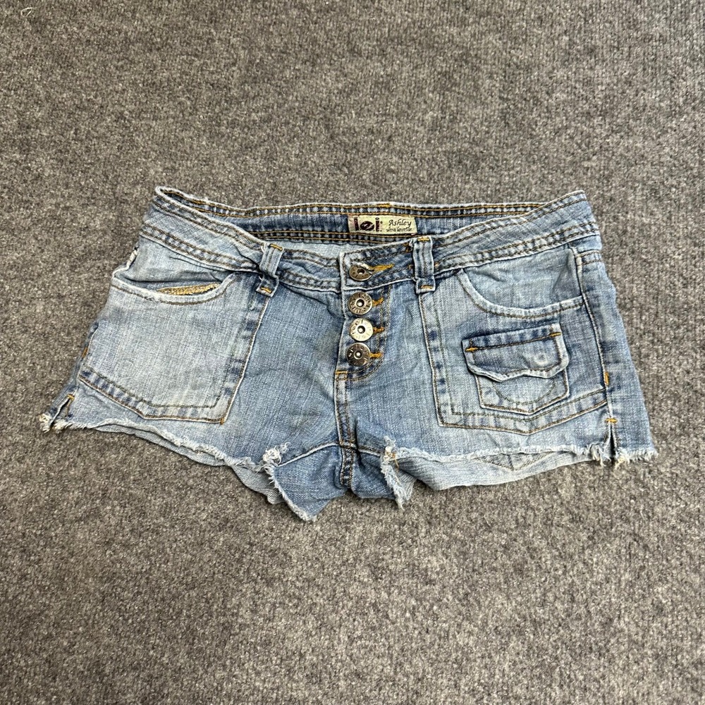 l.e.i. Denim Shorts Womens Size 5 Blue Ultra Low Rise Button Fly Cutoff Y2K Good